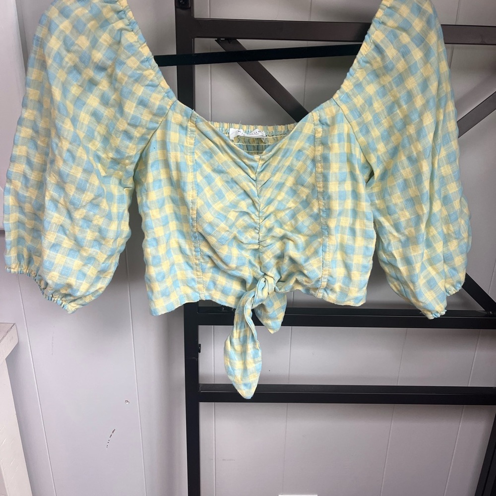 Plaid Puff Sleeve Tie-Front Top - Blue and Yellow